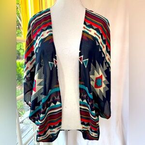 Sheer Cardigan/Kimono with a Colorful Aztec Pattern